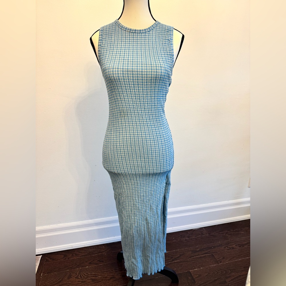 ARITZIA: Elegant Blue and Light Green Checkered Dress